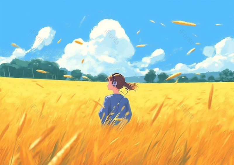 夏天户外麦田中戴耳机听歌女孩芒种节气插画,插画/手绘图,插画/手绘图库,插画/手绘图下载,插画/手绘